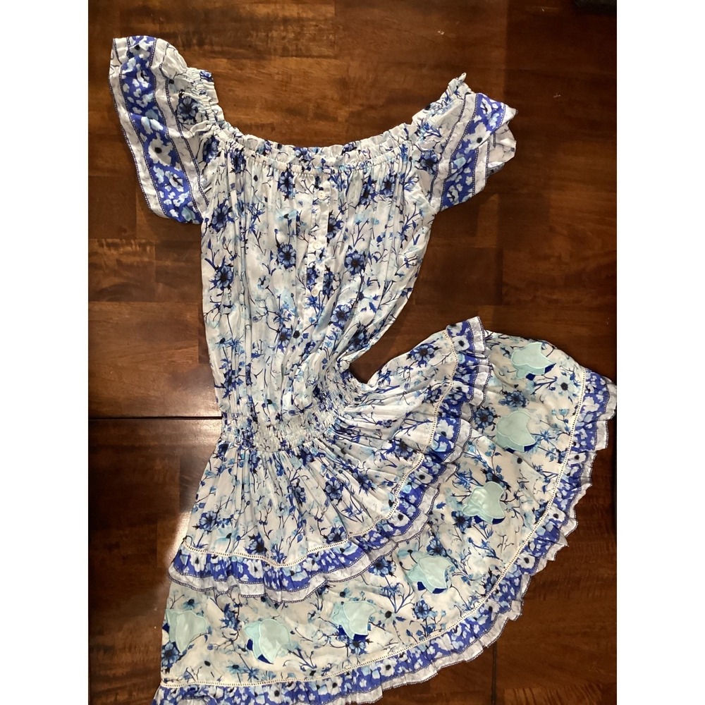 TAJ by Sabrina Crippa Blue Floral Boho Tiered Mini Dress S - Picture 5 of 9
